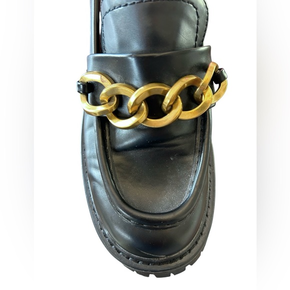ZARA Gold Chain Detail Lug Sole Heeled Loafers EU38 Black Academia Preppy Grunge - Picture 8 of 9